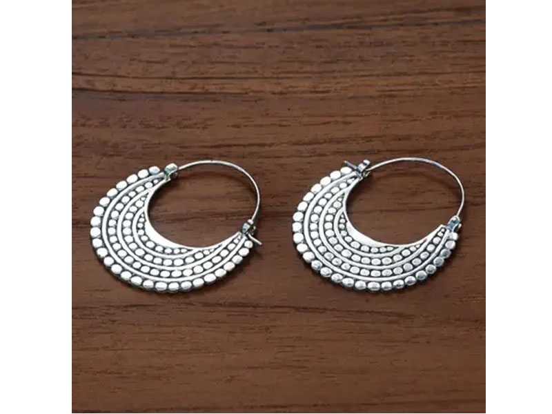 Women's Artisan Crafted Sterling Silver Hoop Style Earrings Moon Sliver