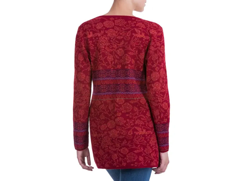 Women's 100% Alpaca Cardigan in Cherry Red Floral From Peru Cherry Red Romance