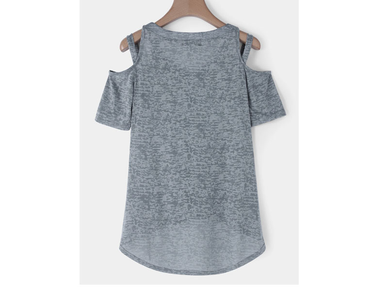 Women's Grey Lowcut V-neck Cutout Cold Shoulder T-shirts