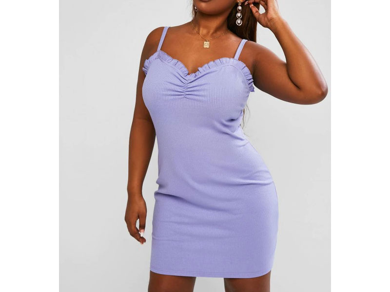 Women's Zaful Ruched Frilled Ribbed Plus Size Mini Dress Light Purple 5xl