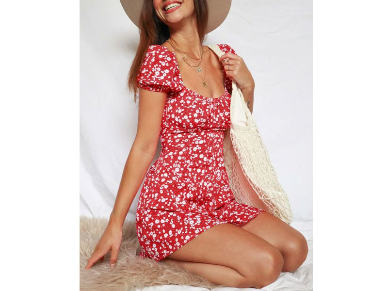 Women's Ditsy Print Puff Sleeve Milkmaid Dress Red S
