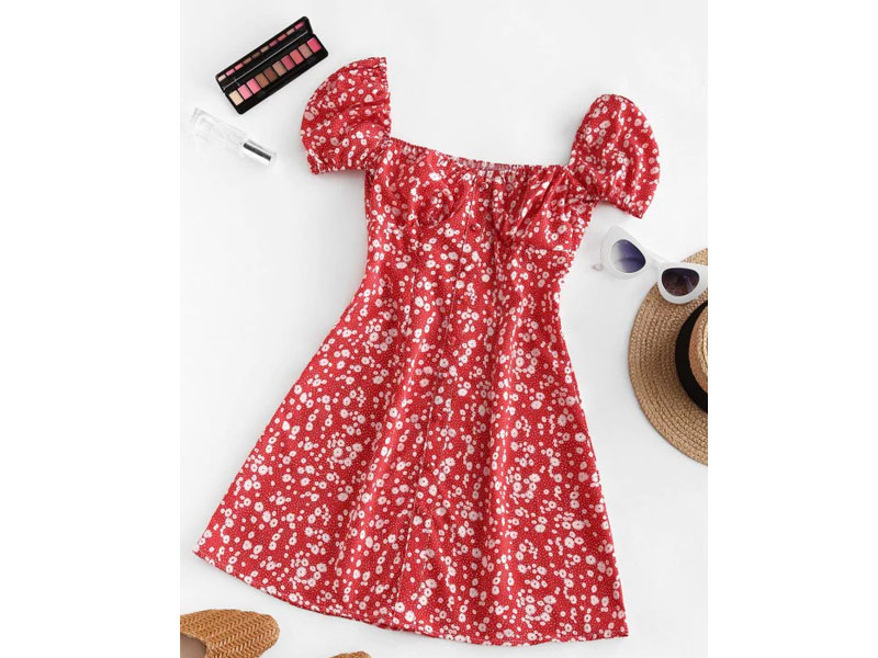 Women's Ditsy Print Puff Sleeve Milkmaid Dress Red S