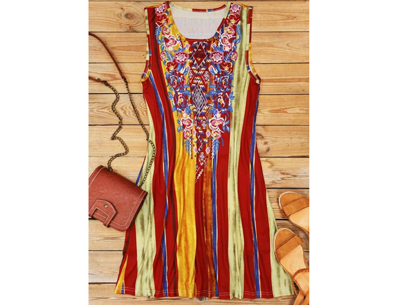 Women's Colorful Striped Floral Geometric Ethnic Style Mini Dress