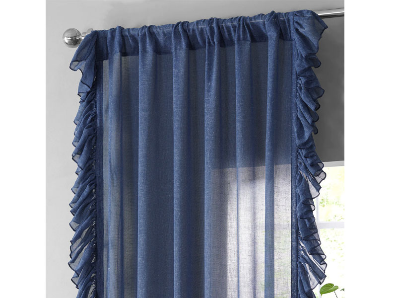 Blue Lapis Faux Linen Ruffle Sheer Curtain