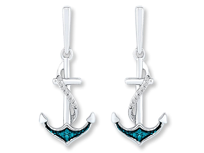 Jared Women's Anchor Earrings 1/15 ct tw Blue/White Diamonds Sterling Silver