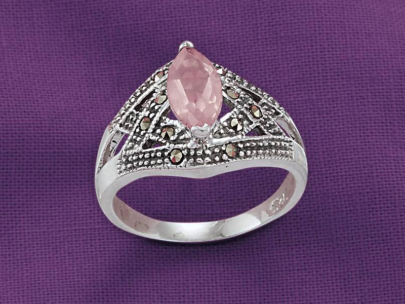 Sterling Rose Quartz & Marcasite Ring For Women
