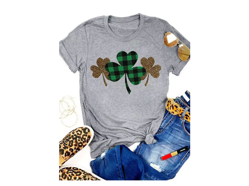 Women's Plaid Leopard Printed Lucky Shamrock T-Shirt Tee Gray
