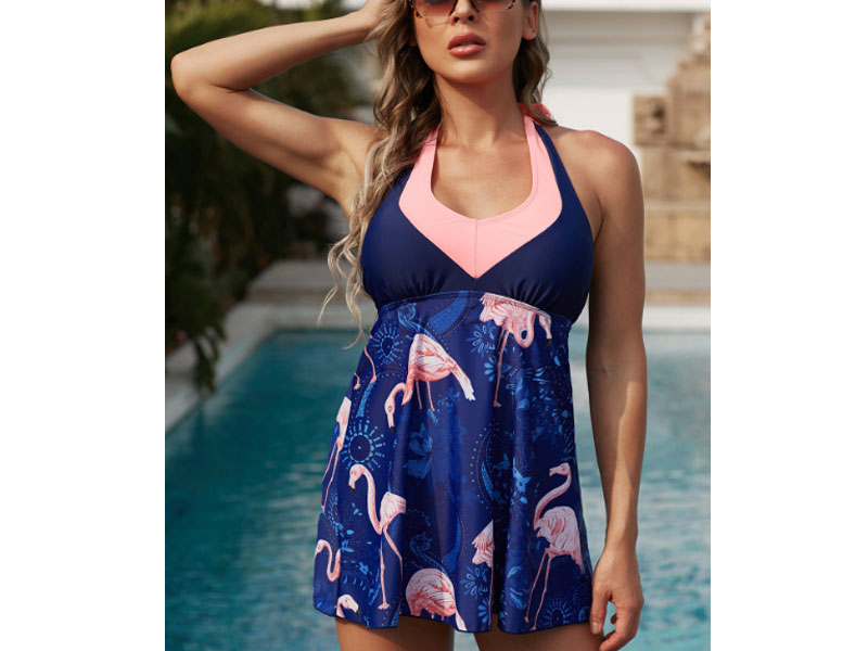 Women's Modlily Design Halter Flamingo Print Contrast Swimdress And Shorts