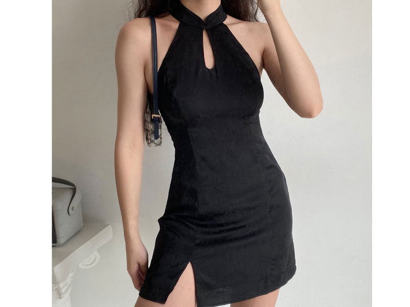 Improved Cheongsam Halterneck Dress Female Slim And Thin Hollow Slit Short Skirt