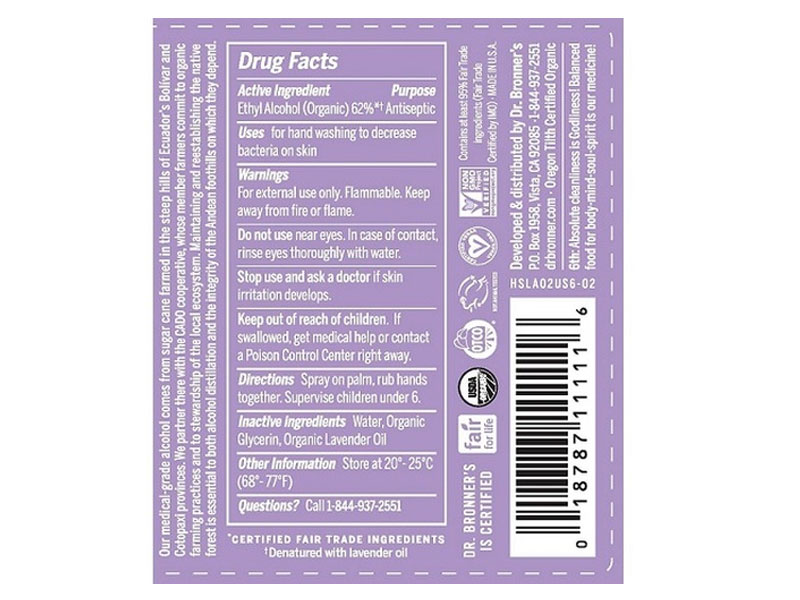 Dr. Bronner's Organic Hand Sanitizer Lavender 59 ml