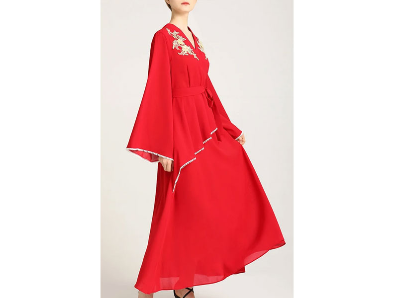 Women's Red Pinafore Applique Detailing Abaya