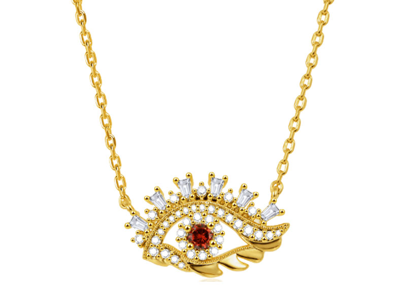 Women's Eye Necklace Sterling Silver 18k Gold Plated with Red Stone