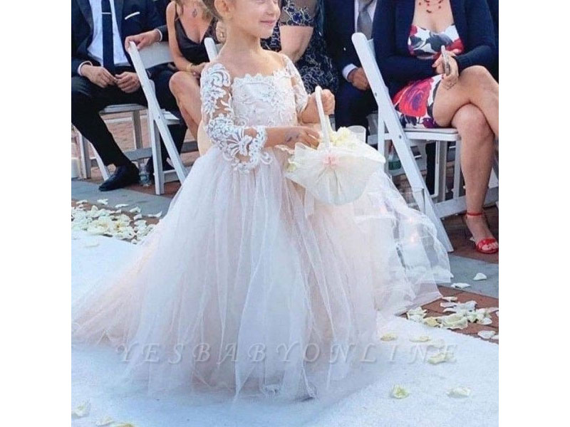 Princess Jewel Long Sleeves Train Lace Tulle Flower Girl's Dresses With Bowk