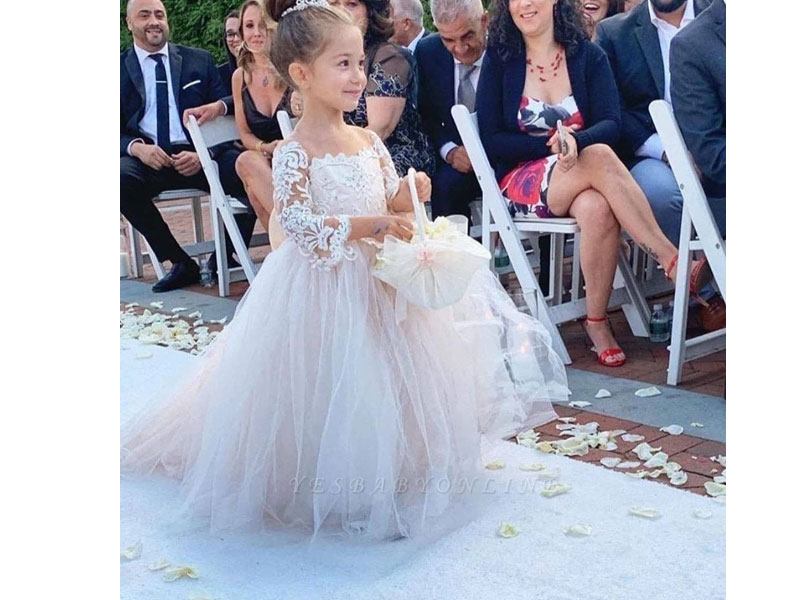 Princess Jewel Long Sleeves Train Lace Tulle Flower Girl's Dresses With Bowk
