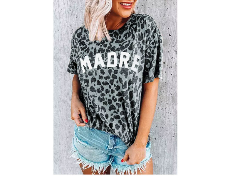 Women's Leopard Madre O-Neck T-Shirt Tee Gray