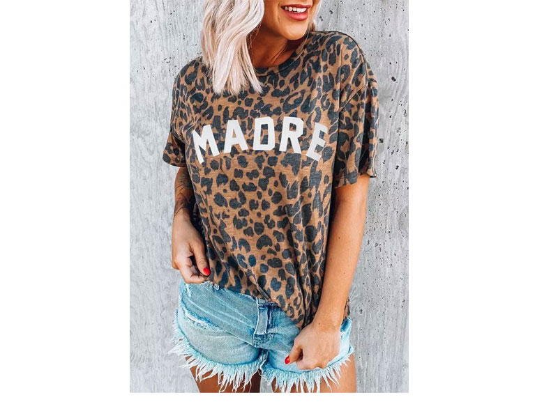 Women's Leopard Madre O-Neck T-Shirt Tee Gray