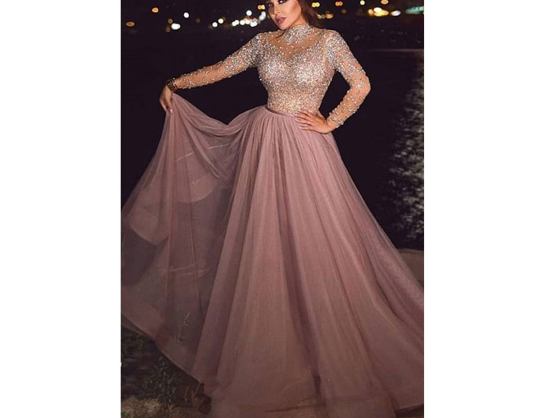 Women's Crystal Beading Pink Long-sleeve A-line High-neck Prom Dress