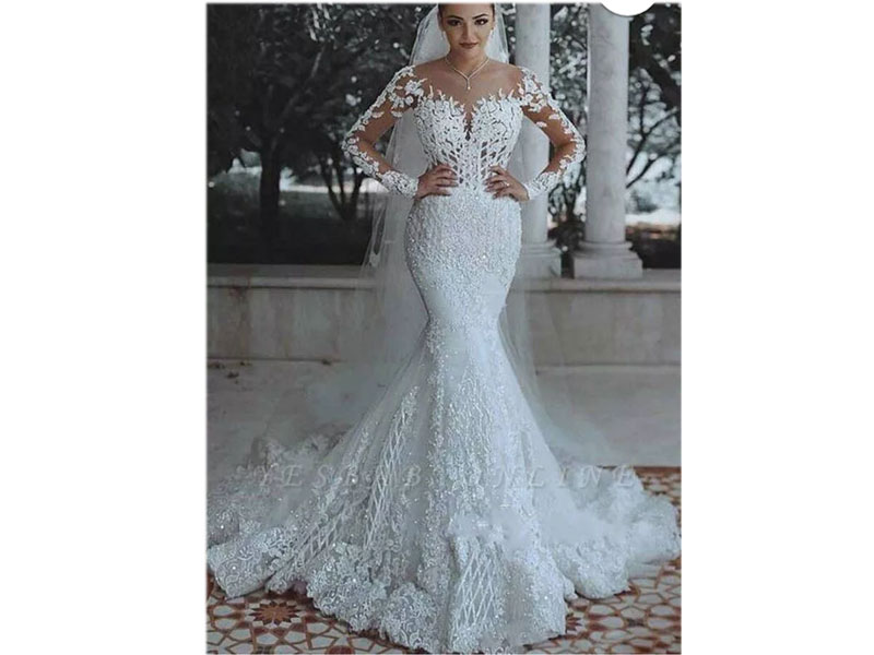 Women's Glamorous Long Sleeves Wedding Dress Mermaid Lace Bridal Gowns