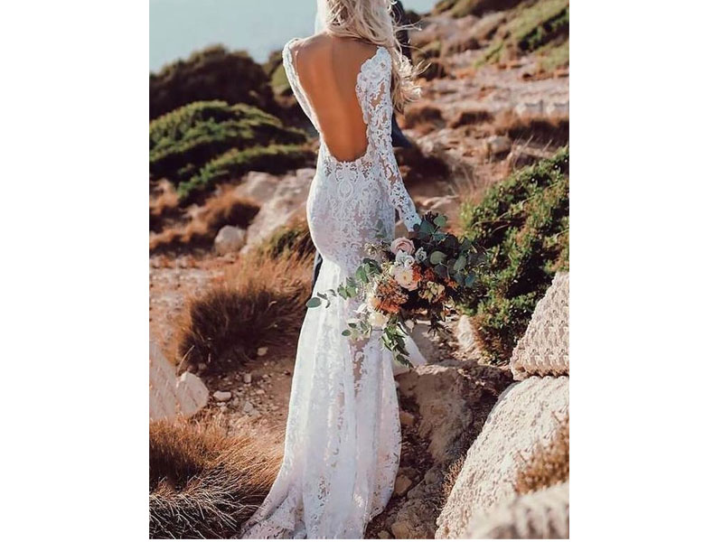 Women's All Lace Style Long Sleeve Floor Length Boho Wedding Dresses