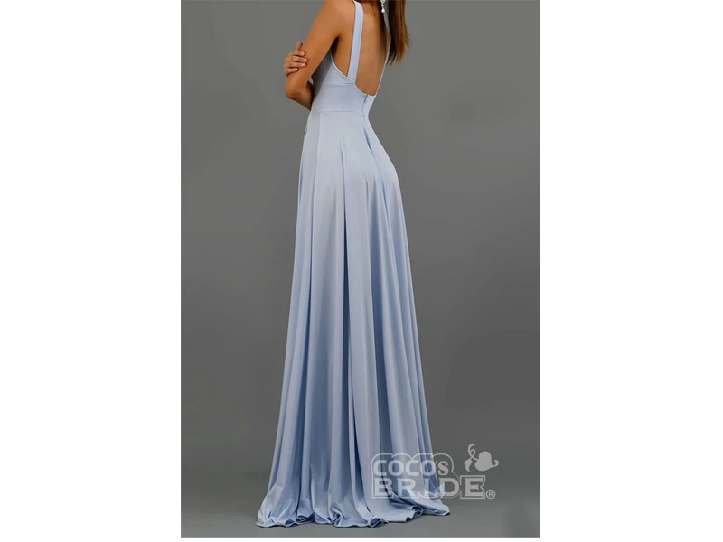 Women's Deep V Neck Light Blue Long Prom Simple Flowy Bridesmaid Dresses