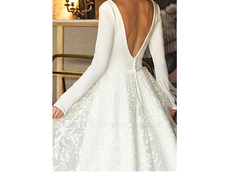 Women's Elegant Lace Bridal A-line V-Neck Long Sleeves Wedding Dresses