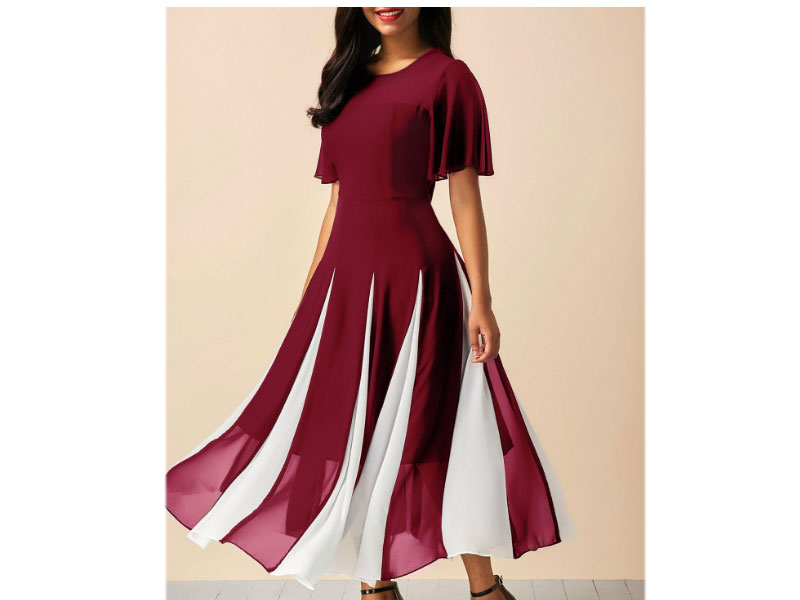 Women's Modlily Design Round Neck Short Sleeve Wine Red Dress