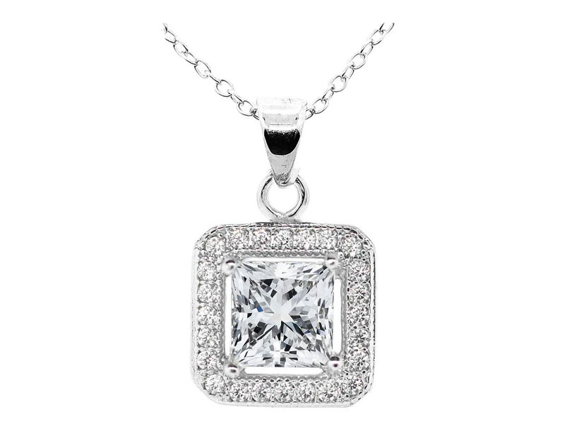 Cate & Chloe 18k White Gold Plated Princess Cut CZ Crystal Pendant Necklace