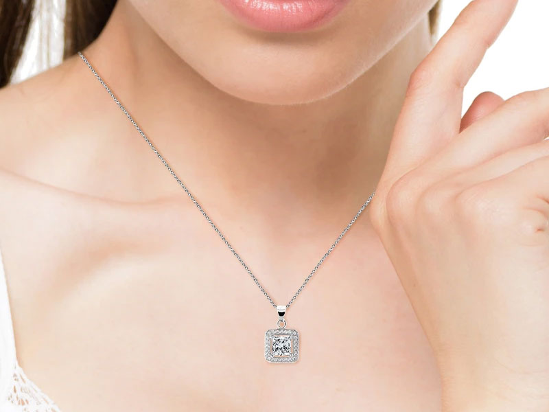 Cate & Chloe 18k White Gold Plated Princess Cut CZ Crystal Pendant Necklace