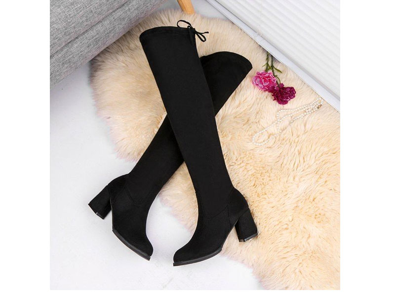 Women's Black Suede Daily Chunky Heel Round Toe Boots