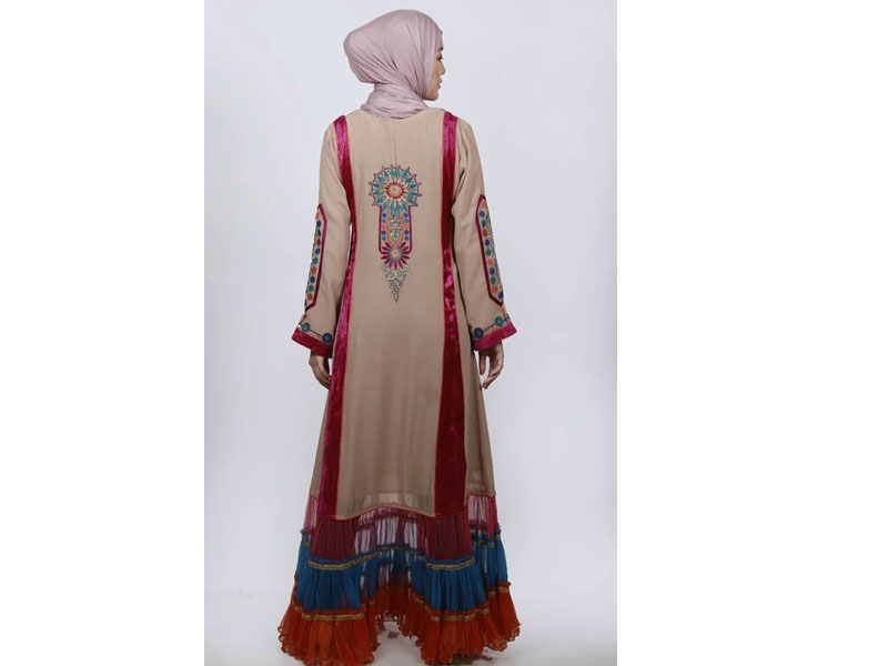 Women's Sand Ancient Motif Embroidered Velvet Paneled Abaya