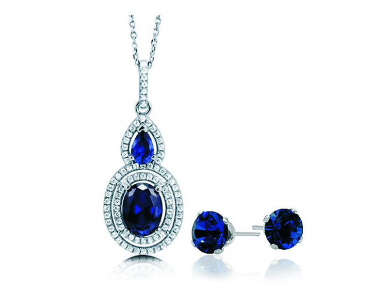 Women's 4.50Ct. Sterling Silver Created Sapphire Double Halo Pendant & Earring