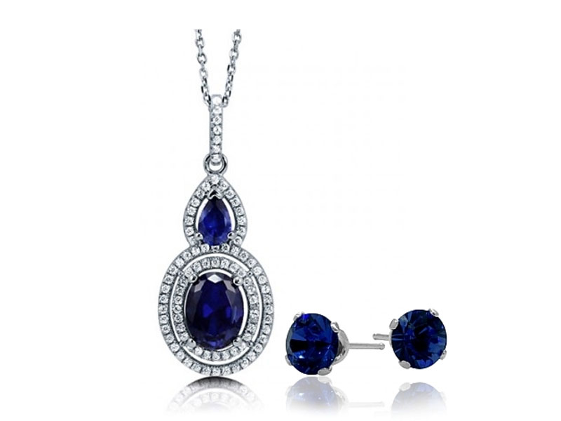Women's 4.50Ct. Sterling Silver Created Sapphire Double Halo Pendant & Earring