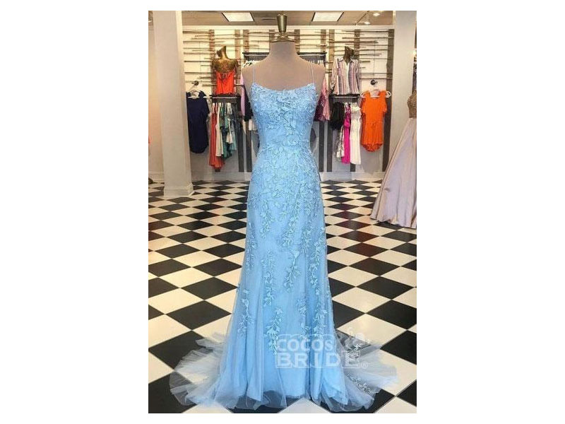 Women's Light Blue Appliques Spaghetti Straps Lace-Up Mermaid Prom Dress