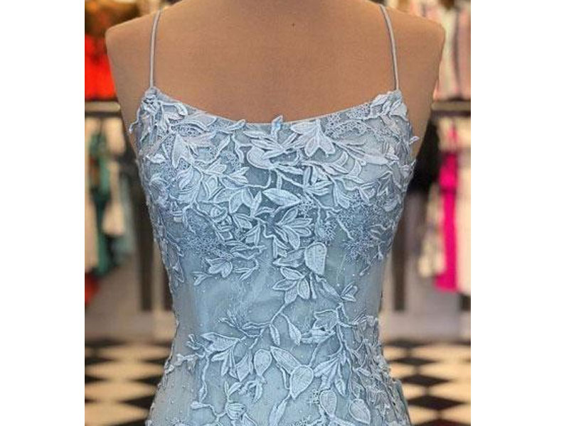 Women's Light Blue Appliques Spaghetti Straps Lace-Up Mermaid Prom Dress