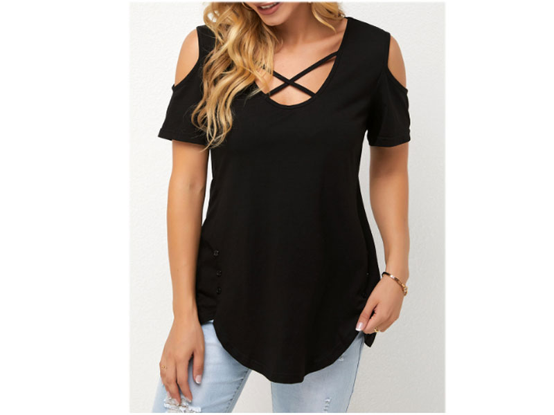Women's Modlily Design Cold Shoulder Short Sleeve Solid T Shirt