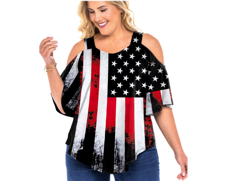 Women's Plus Size American Flag Print Cold Shoulder T Shirt