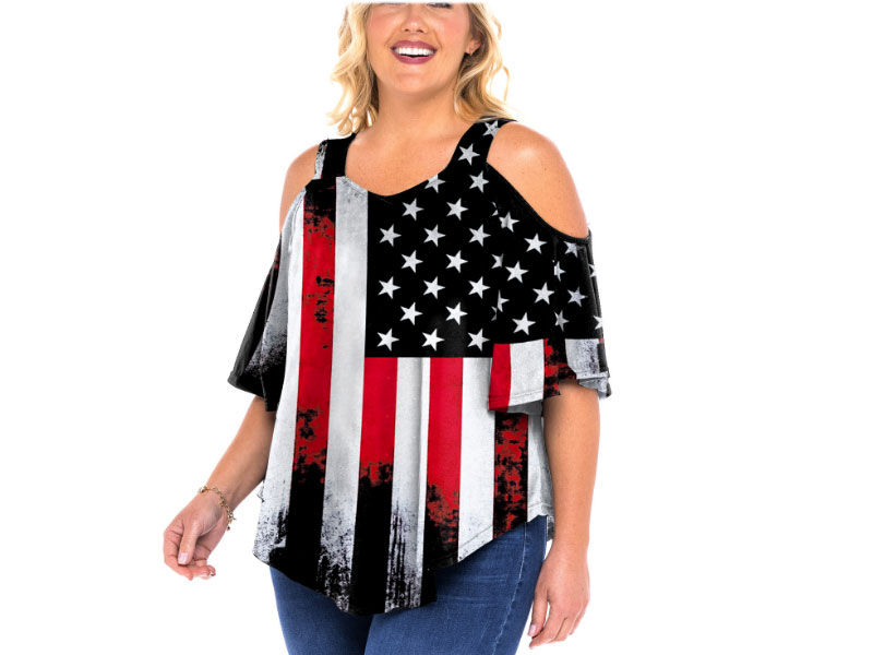 Women's Plus Size American Flag Print Cold Shoulder T Shirt