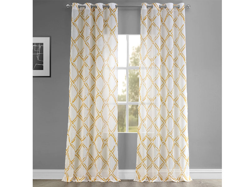 Normandy Gold Grommet Printed Faux Linen Sheer Curtain