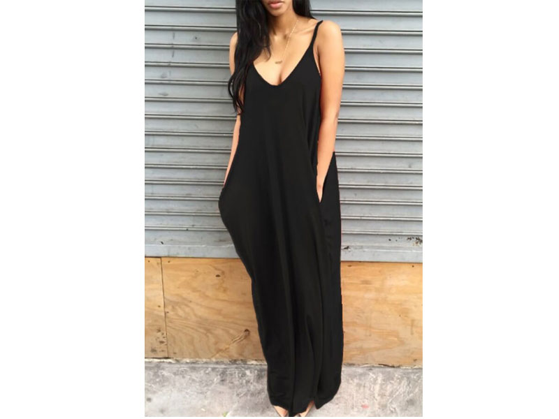 Women's Lovely Leisure Pocket Patched Black Maxi Dress