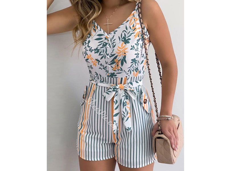 Shorts Print Floral Skinny Jumpsuit For Women