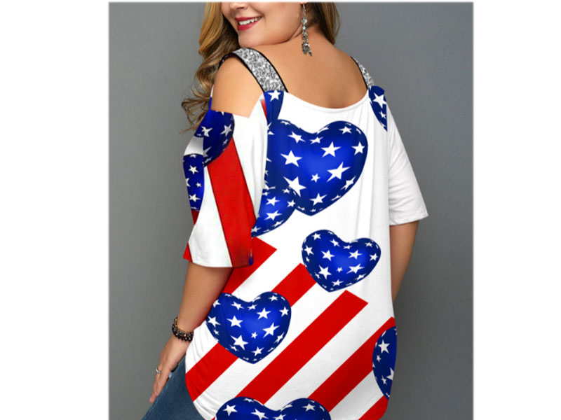 Women's Plus Size American Flag Print Cold Shoulder T-Shirt