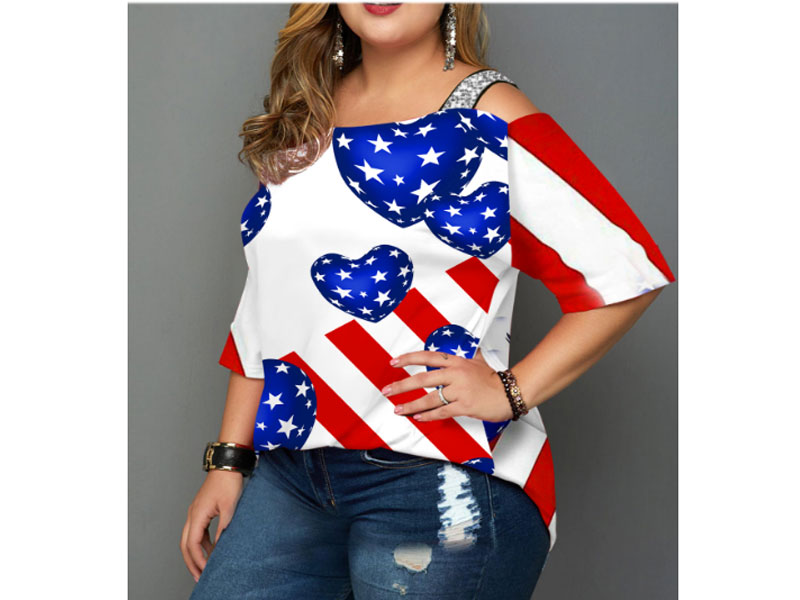 Women's Plus Size American Flag Print Cold Shoulder T-Shirt