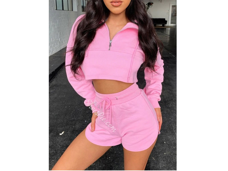 Women's With Hood Polyester Long Sleeve Shorts Clothing Sets