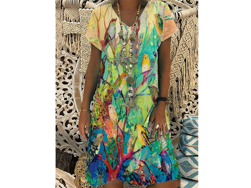 Women's V Neck Casual Cotton-Blend Animal Little bird Printed Dresses