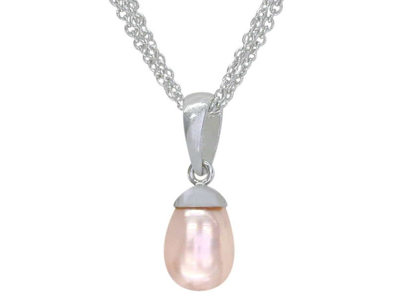 Women's Sterling Silver Triple Chain Pink 8 X 6mm Pearl Pendant