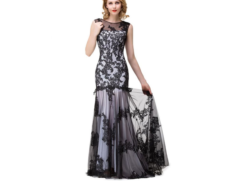Women's Scoop Neck Mermaid Black lace Applique Evening Prom Dress