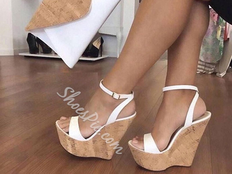 Shoespie Ankle Strap Platform Line-Style Buckle White Wedge Sandals