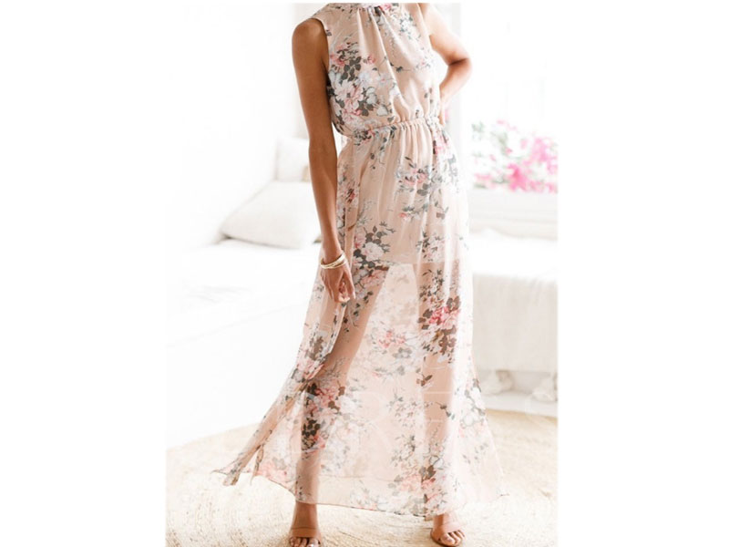 Print Sleeveless Stand Collar Ankle-Length Mid Waist Women's Dress
