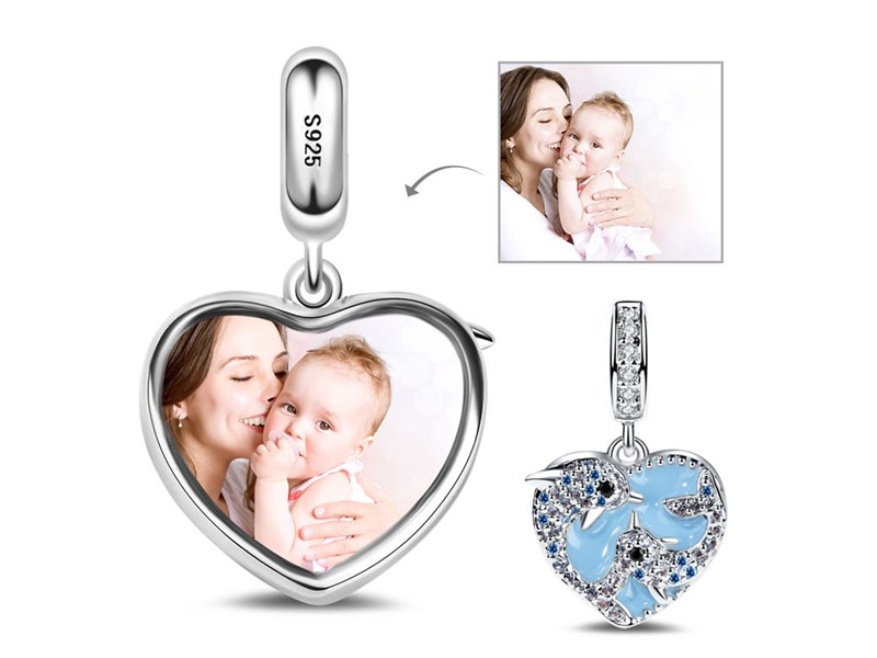 Women's Dolphin Mother And Baby Photo Charm Bead inlaid with Cz