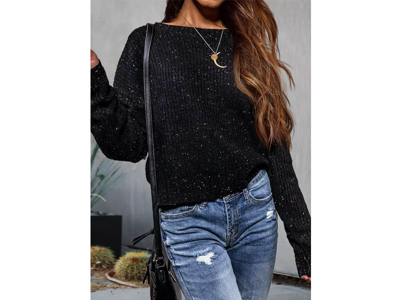 Women's Criss-Cross Drop Shoulder Confetti Knitted Sweater Black